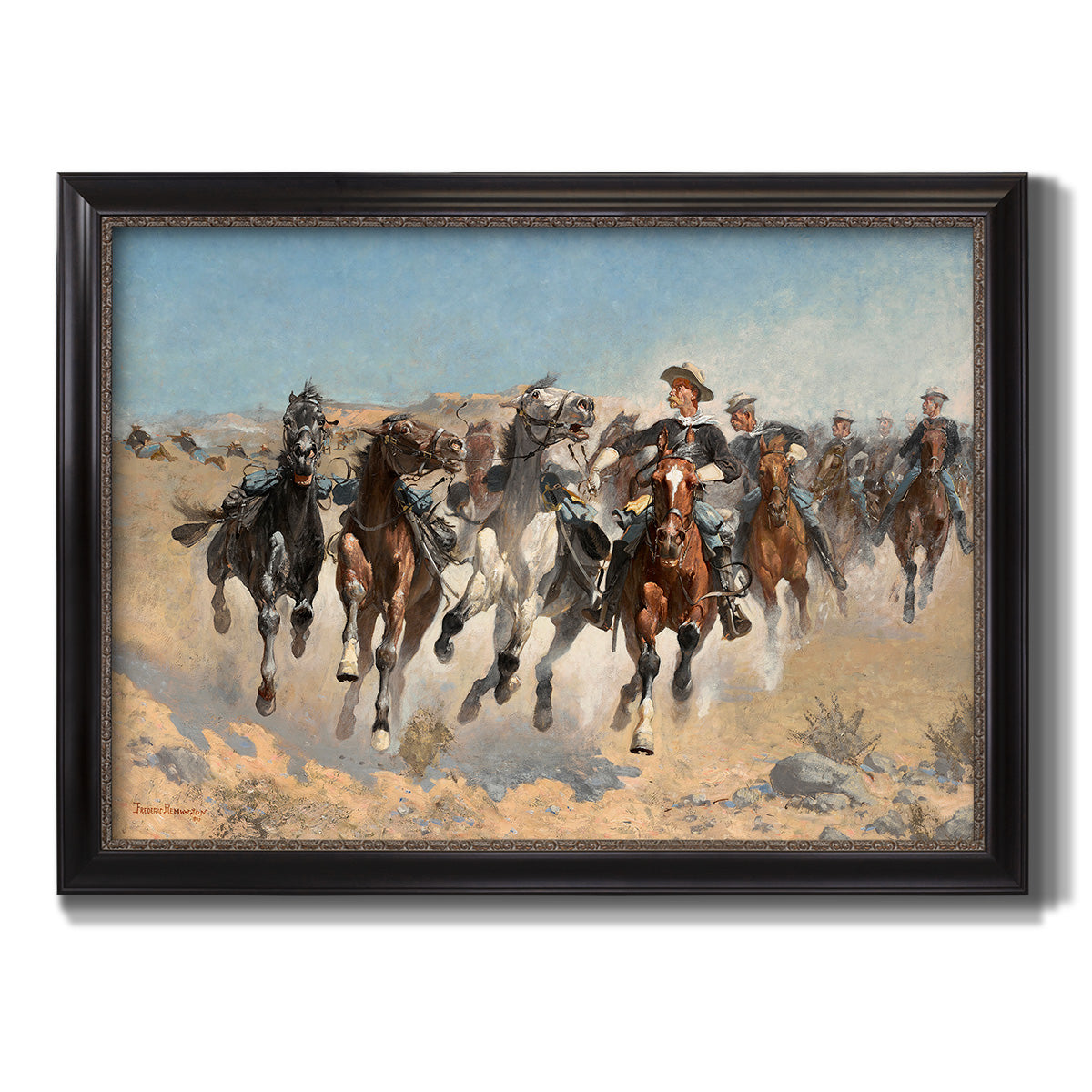 Impressionist western action scene by Frederic Remington printed on canvas in an ornate black frame with gilded inner detail.