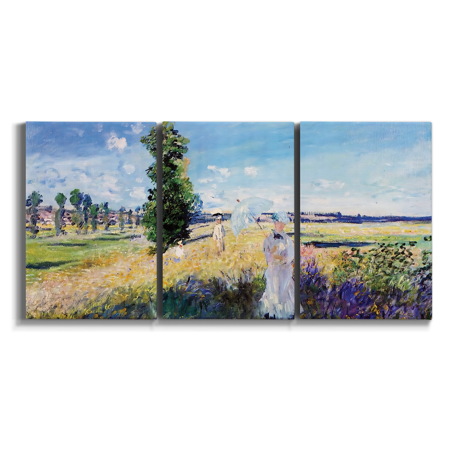 Three-panel canvas wall art featuring riverside path with figures on white background.