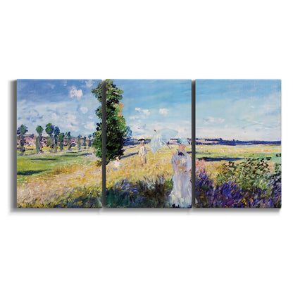 Three-panel canvas wall art featuring riverside path with figures on white background.