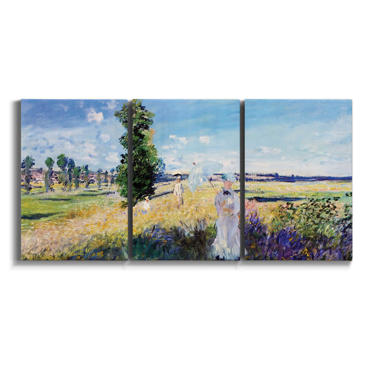 Three-panel canvas wall art featuring riverside path with figures on white background.