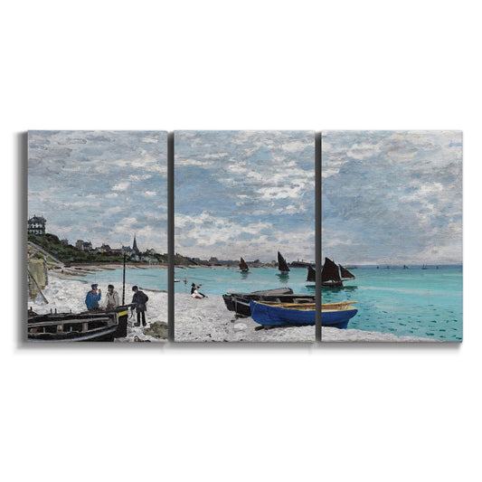 Three-panel canvas wall art featuring wide beach with boats and figures on white background.