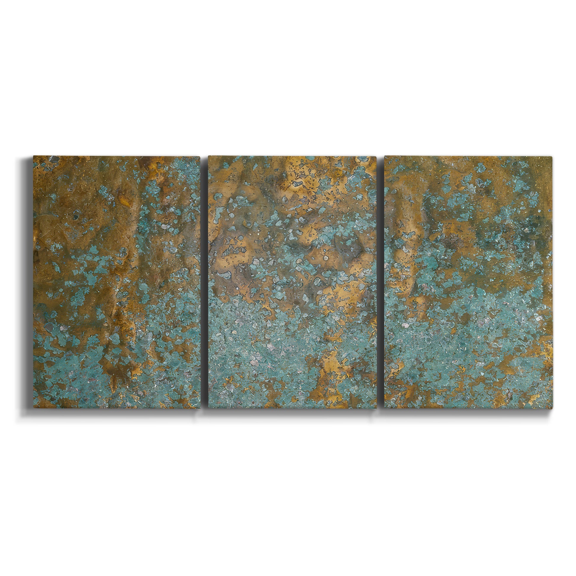 Three-panel canvas wall art featuring earthy copper toned abstract on white background.