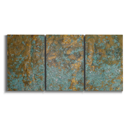 Three-panel canvas wall art featuring earthy copper toned abstract on white background.