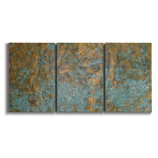 Three-panel canvas wall art featuring earthy copper toned abstract on white background.