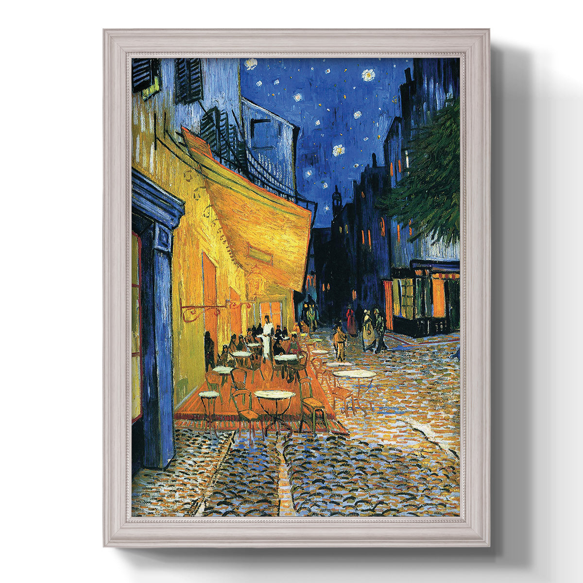 Impressionist night café street scene by Vincent van Gogh printed on canvas in an ornate champagne frame with a vertical orientation.