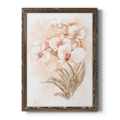 White and Coral Orchid II - Barnwood Framed Canvas Print
