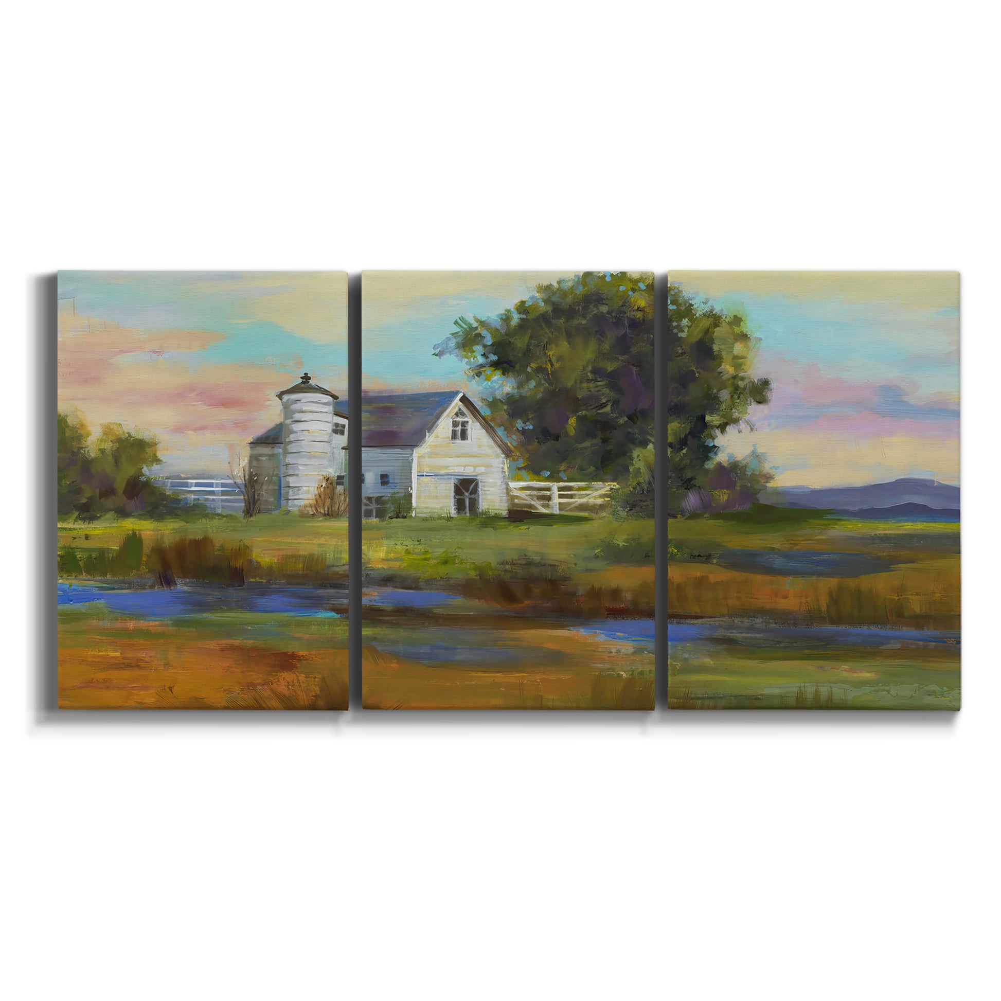 Three-panel canvas wall art featuring rural barn landscape with fields on white background.