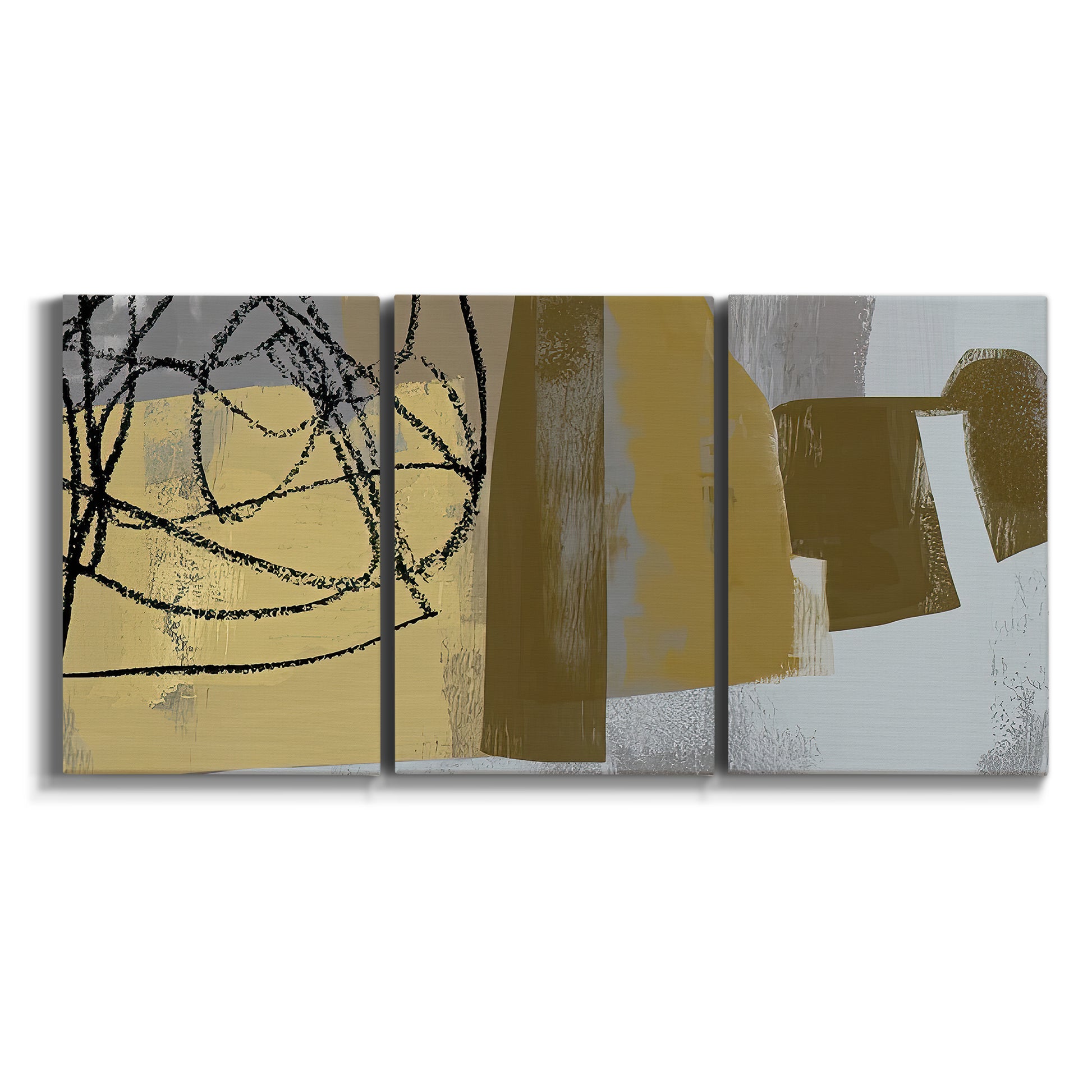 Three-panel canvas wall art featuring industrial abstract digital glitch pattern on white background.