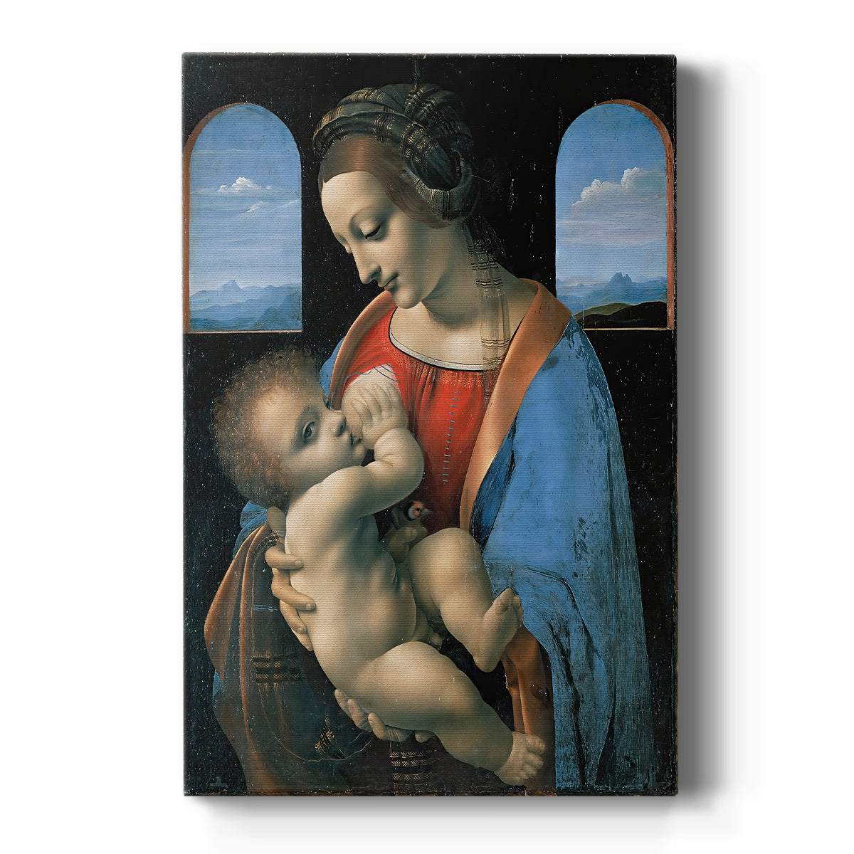 Canvas art print featuring a Renaissance portrait of the Madonna holding a child in soft light on a clean white background.