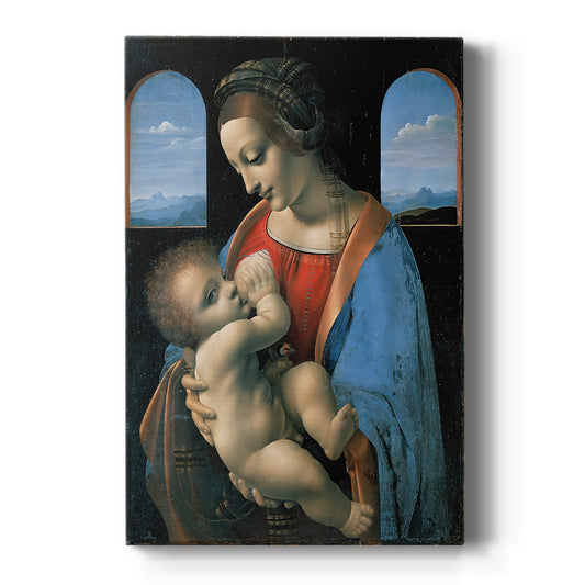 Canvas art print featuring a Renaissance portrait of the Madonna holding a child in soft light on a clean white background.