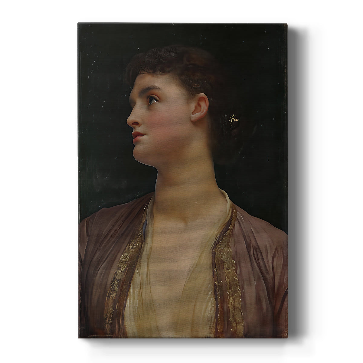 Canvas art print featuring a classical portrait of a woman with soft light and serene expression on a clean white background.