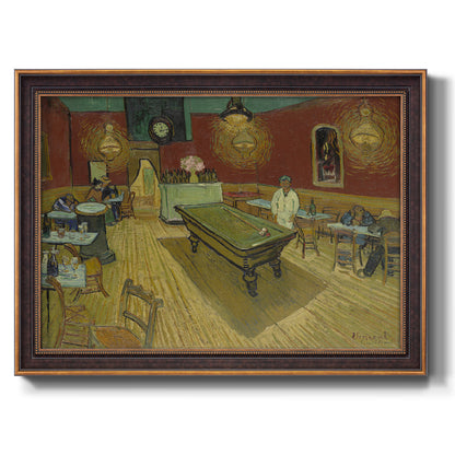 Impressionist interior of a night café by Vincent van Gogh printed on canvas in an ornate bronzed mahogany wood frame.