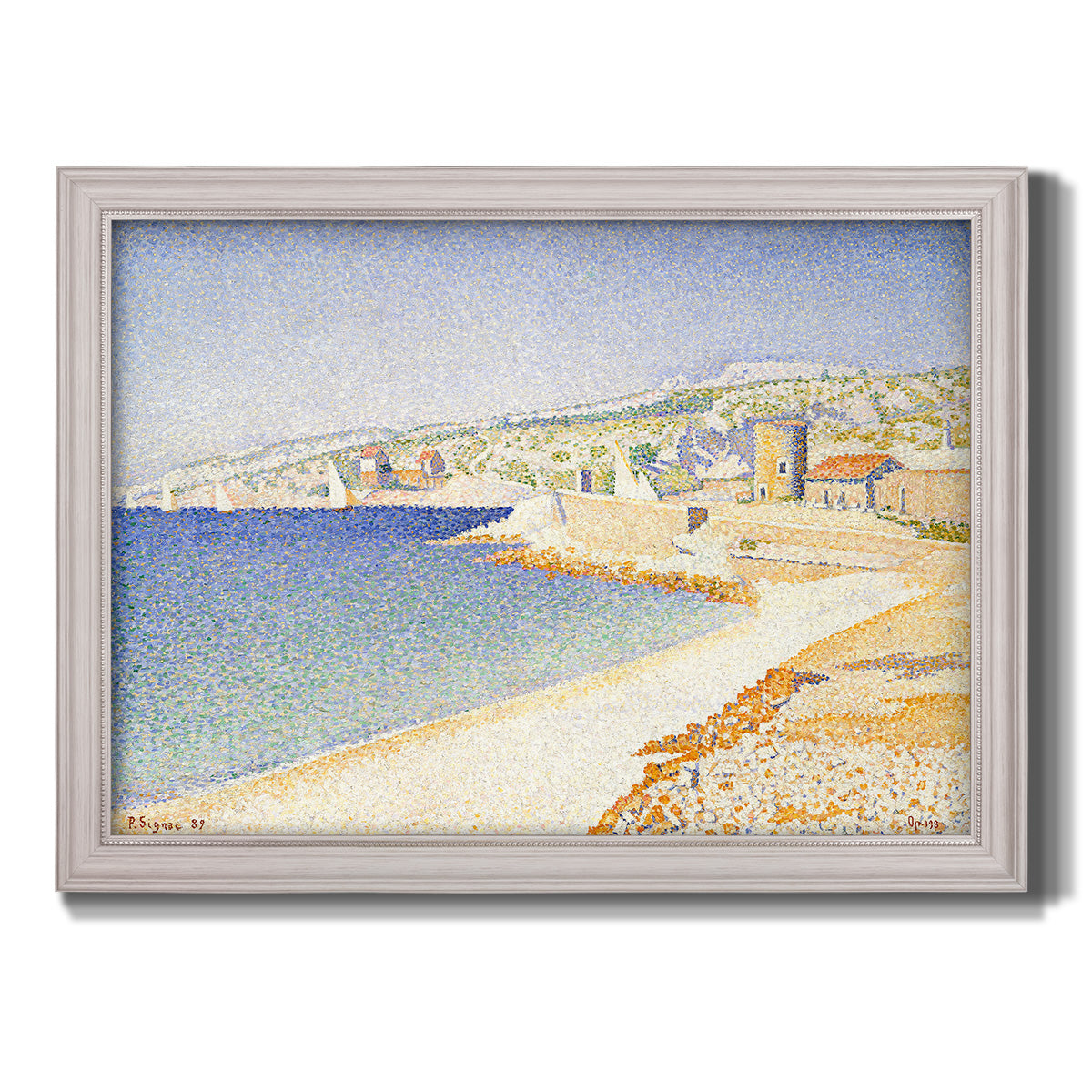 Impressionist Mediterranean jetty seascape by Paul Signac printed on canvas in an ornate weathered white frame.