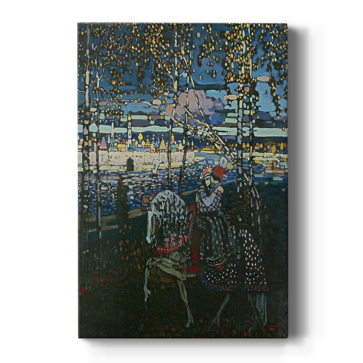 Canvas art print featuring an expressionist scene of a couple on horseback with soft color transitions on a clean white background.