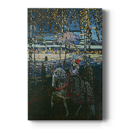 Canvas art print featuring an expressionist scene of a couple on horseback with soft color transitions on a clean white background.