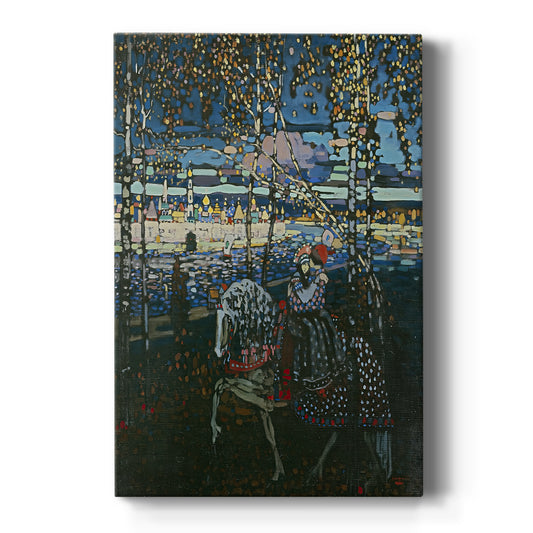 Canvas art print featuring an expressionist scene of a couple on horseback with soft color transitions on a clean white background.