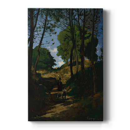 Canvas art print featuring a realistic landscape of tall fir trees with soft natural light on a clean white background.