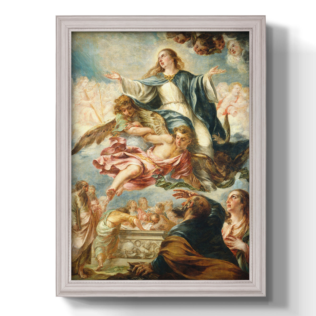 Religious painting of the Assumption of the Virgin Mary by Juan de Valdés Leal printed on canvas in an ornate weathered white frame with a vertical orientation.
