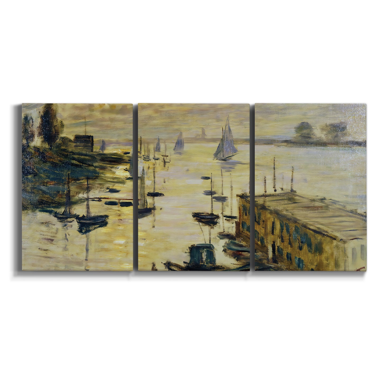 Three-panel canvas wall art featuring working harbor with boats on white background.