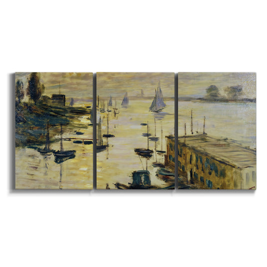 Three-panel canvas wall art featuring working harbor with boats on white background.