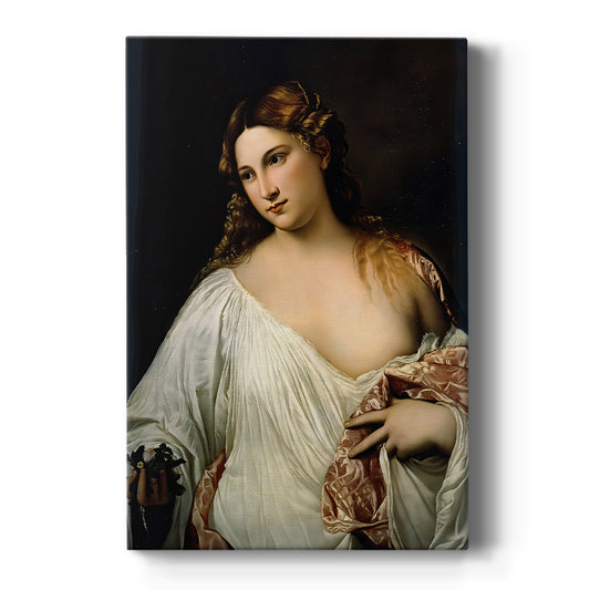 Canvas art print featuring a Renaissance portrait of a woman holding flowers with soft light and warm tones on a clean white background.