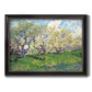 Impressionist spring orchard landscape by Vincent van Gogh printed on canvas in an ornate black frame with gilded inner detail.