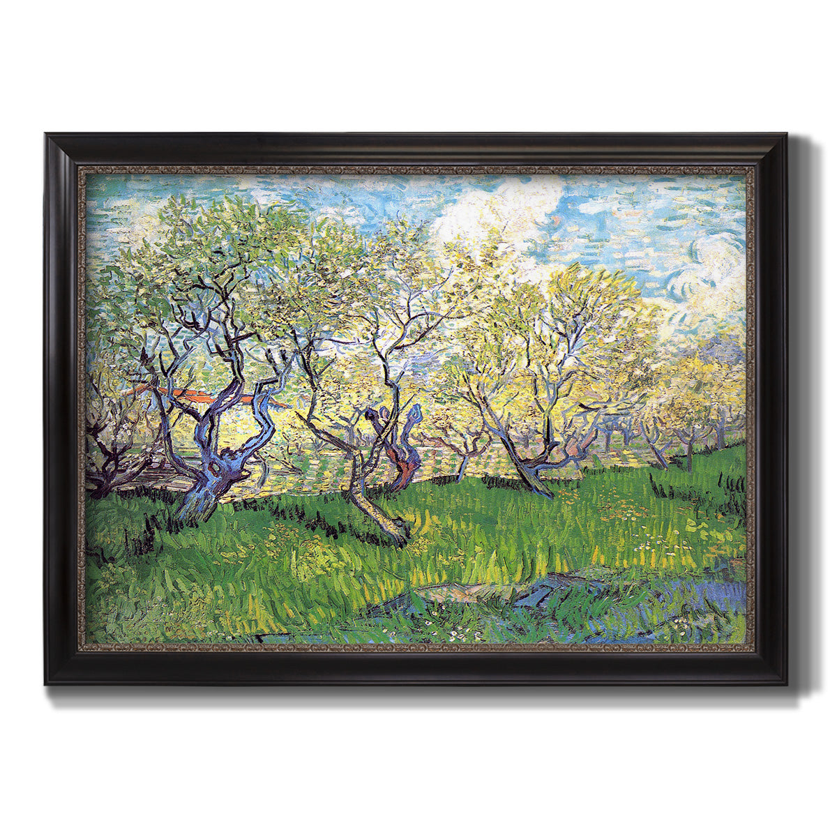 Impressionist spring orchard landscape by Vincent van Gogh printed on canvas in an ornate black frame with gilded inner detail.