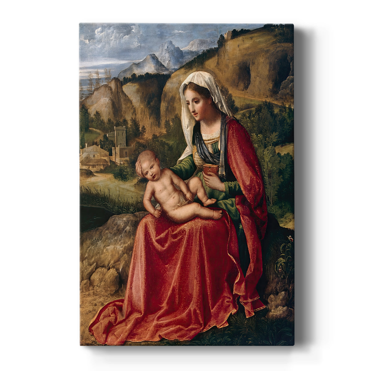 Canvas art print featuring a Renaissance scene of the Madonna and child set within a natural landscape on a clean white background.