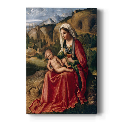 Canvas art print featuring a Renaissance scene of the Madonna and child set within a natural landscape on a clean white background.