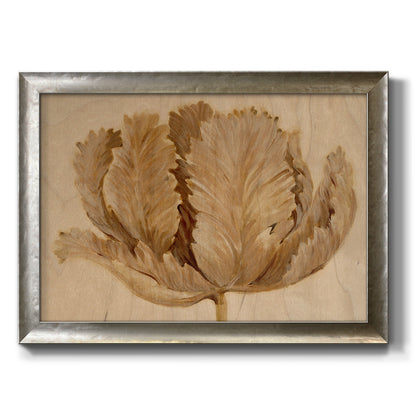 Monochrome sepia tulip flower printed on canvas in an ornate mottled silver frame.