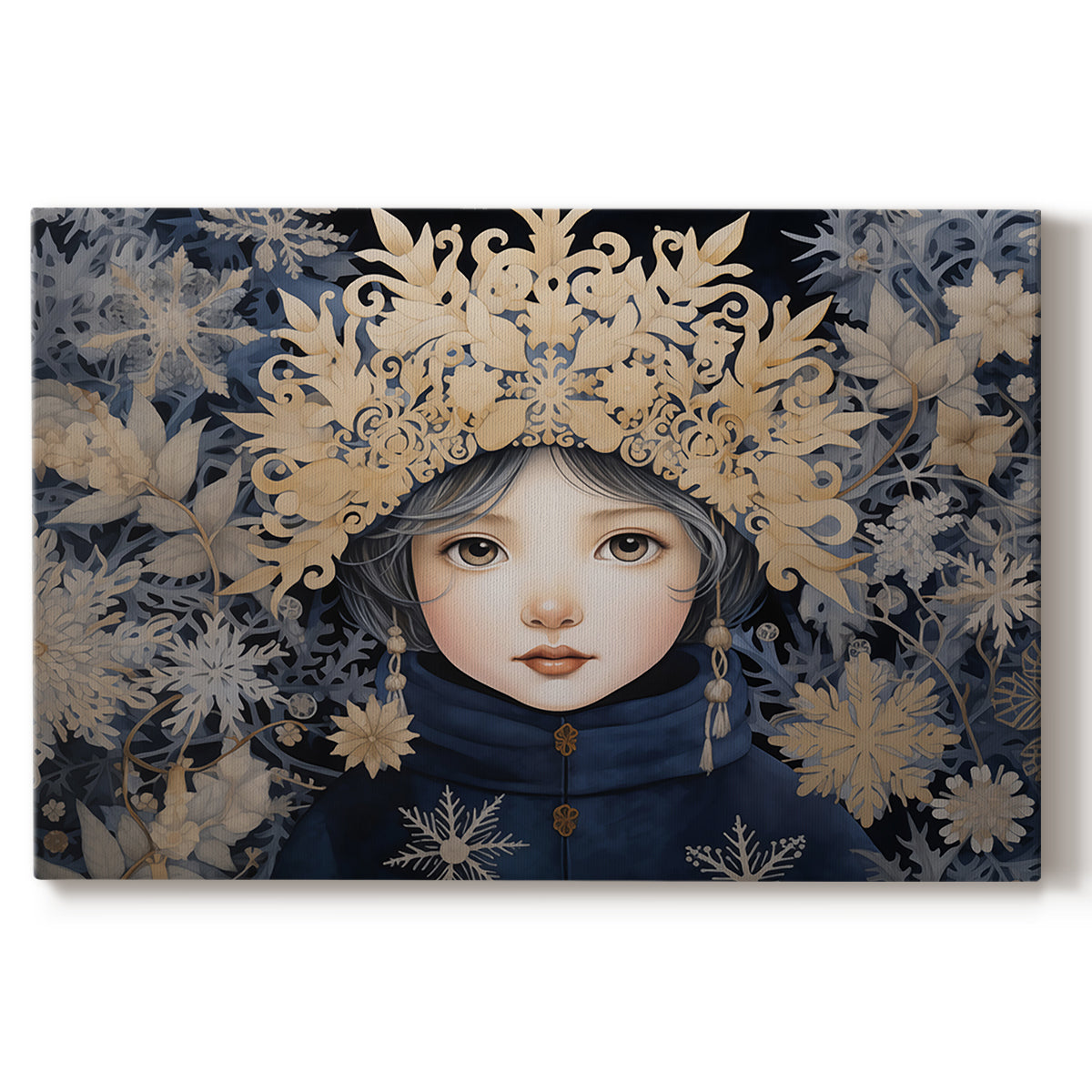 winter,portrait,girl,snowflakes,floral,crown,golden leaves,delicate features,dark coat,whimsical,nature,cold,intricate,beauty,frost,magic,fantasy,serene,enchanting,pale skin,blue tones,symmetrical,face,soft colors,elegance,winter wonderland,ethereal,fairy tale,creativity,visual art,delicate nature,imaginative,unique design,handcrafted,captivating,seasonal,unique,charming