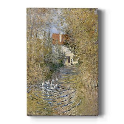 Canvas art print featuring an impressionist scene of geese in a grassy landscape with soft light on a clean white background.