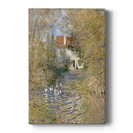 Canvas art print featuring an impressionist scene of geese in a grassy landscape with soft light on a clean white background.
