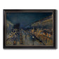Impressionist nighttime Paris street scene by Camille Pissarro printed on canvas in an ornate black frame with gilded inner detail.