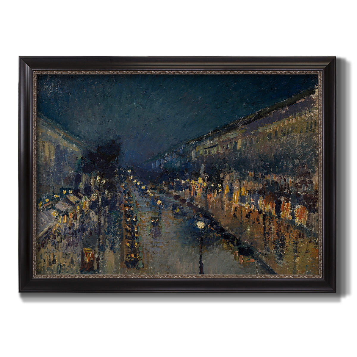 Impressionist nighttime Paris street scene by Camille Pissarro printed on canvas in an ornate black frame with gilded inner detail.