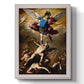 Dramatic religious painting of fallen angels by Luca Giordano printed on canvas in an ornate weathered white frame with a vertical orientation.