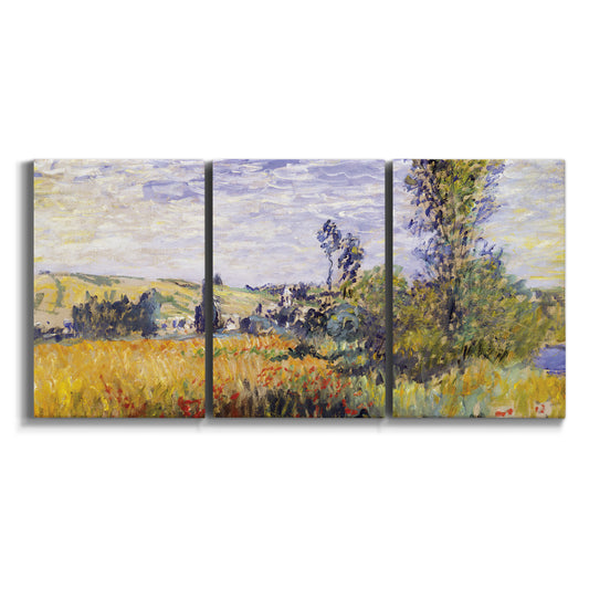Three-panel canvas wall art featuring river village landscape with hills on white background.