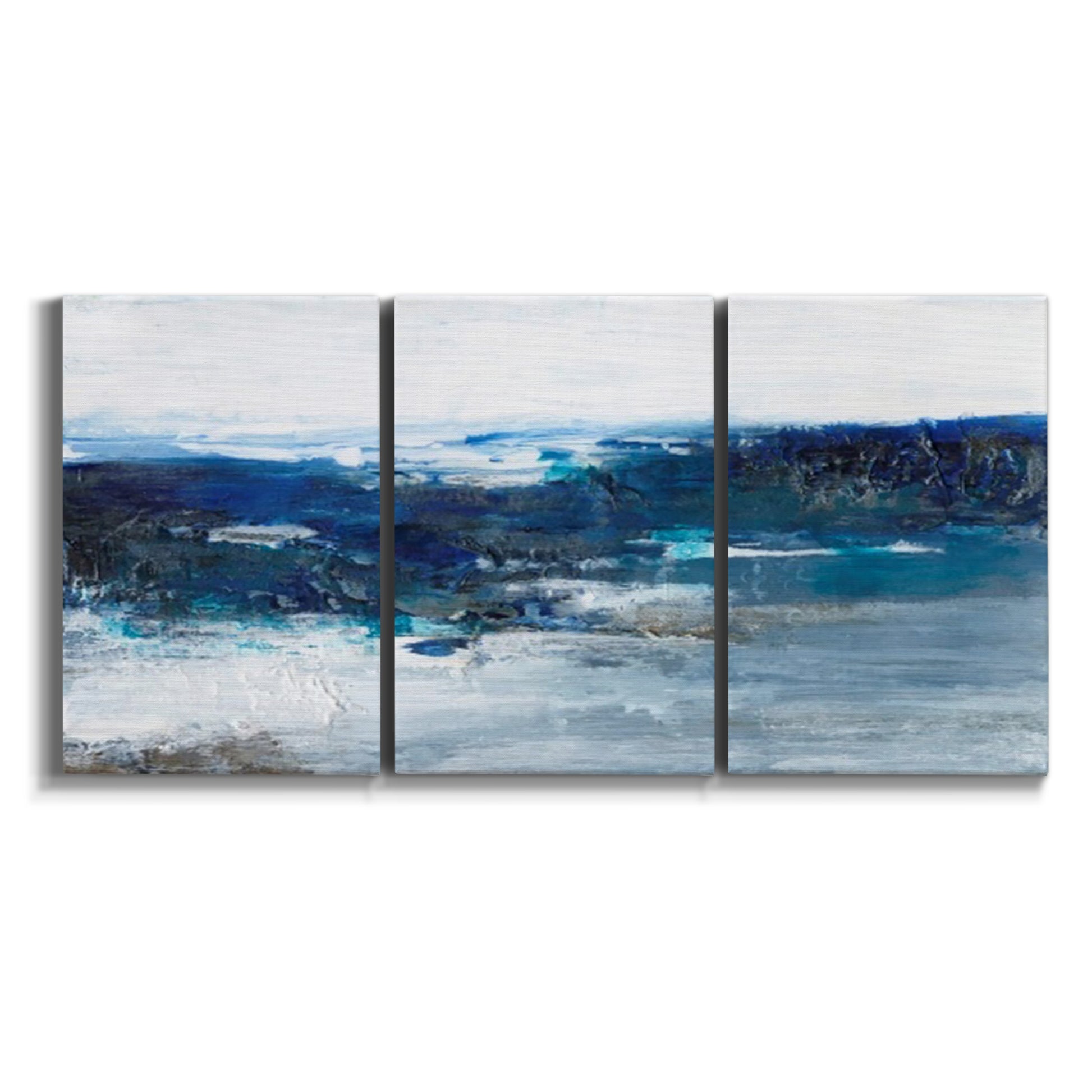 Three-panel canvas wall art featuring moody abstract sea with depth on white background.