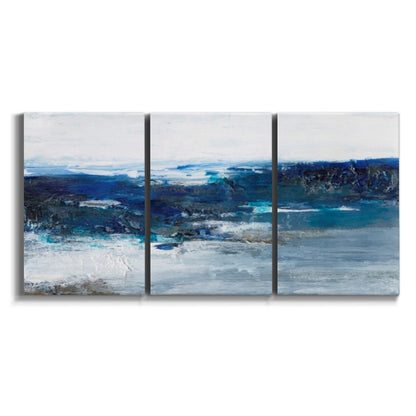 Three-panel canvas wall art featuring moody abstract sea with depth on white background.
