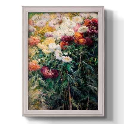 Impressionist garden floral painting by Gustave Caillebotte printed on canvas in an ornate champagne frame with a vertical orientation.