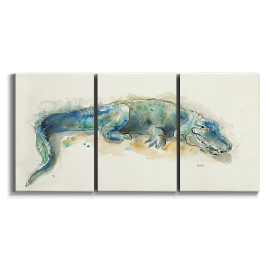 Three-panel canvas wall art featuring alligator illustrated wildlife portrait on white background.