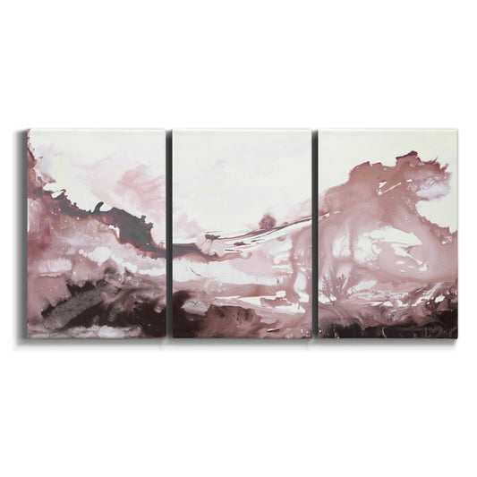 Three-panel canvas wall art featuring soft pink abstract scenic layers on white background.