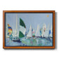 Coastal harbor watercolor painting printed on canvas in an ornate vintage burl wood frame.