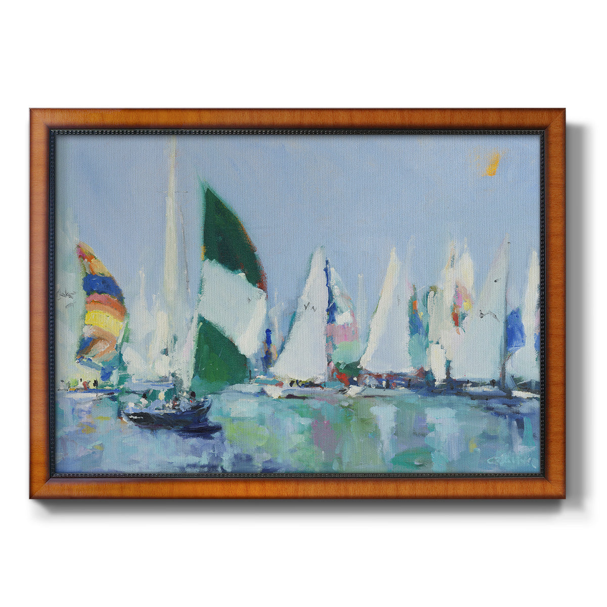 Coastal harbor watercolor painting printed on canvas in an ornate vintage burl wood frame.