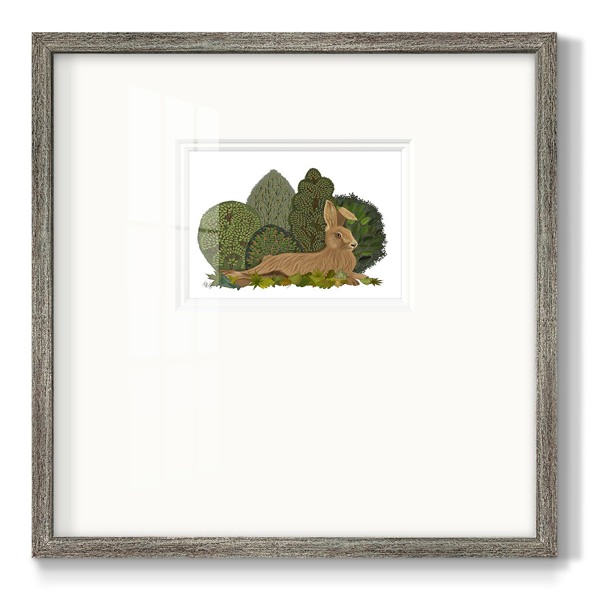 Hare Reclining in Leaves Premium Framed Print Double Matboard