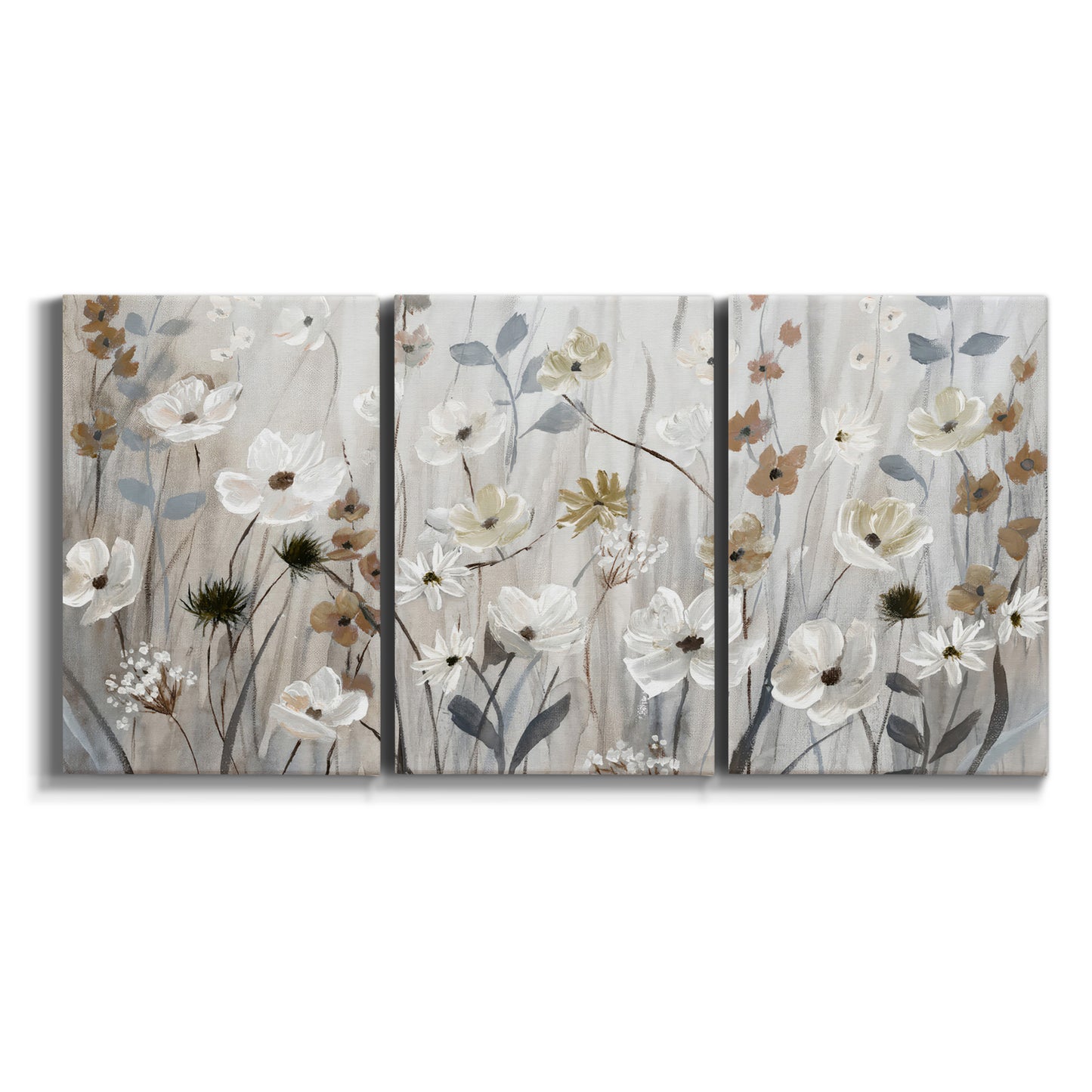 Three-panel canvas wall art featuring misty wildflower meadow landscape on white background.