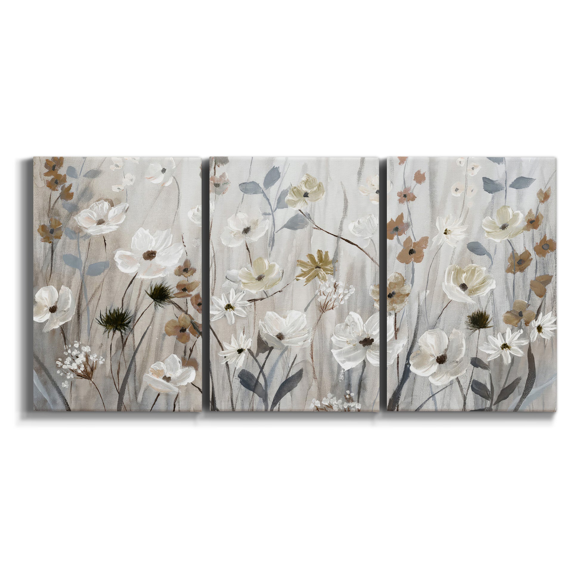 Three-panel canvas wall art featuring misty wildflower meadow landscape on white background.