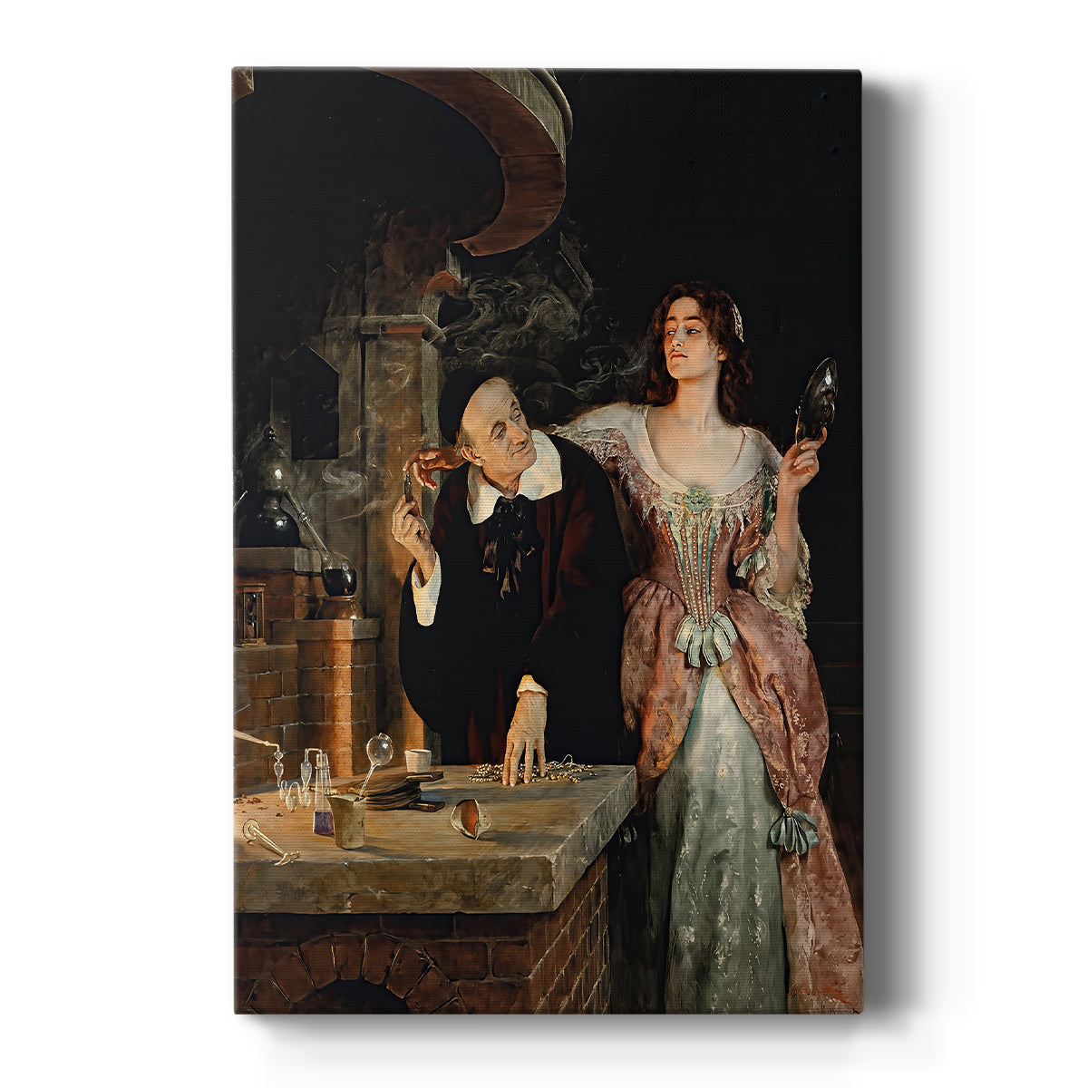 Canvas art print featuring an interior scene of figures gathered around a table in a dimly lit laboratory on a clean white background.