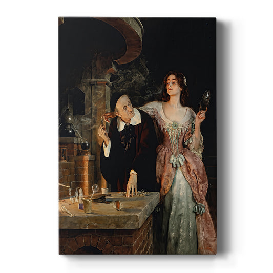 Canvas art print featuring an interior scene of figures gathered around a table in a dimly lit laboratory on a clean white background.