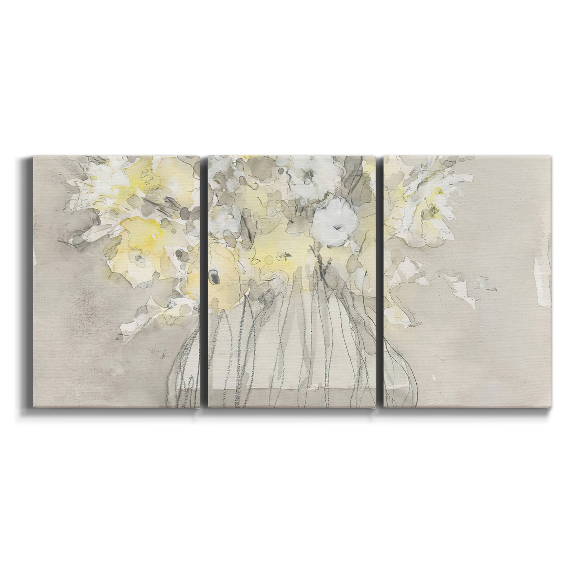 Three-panel canvas wall art featuring vintage floral abstract composition on white background.
